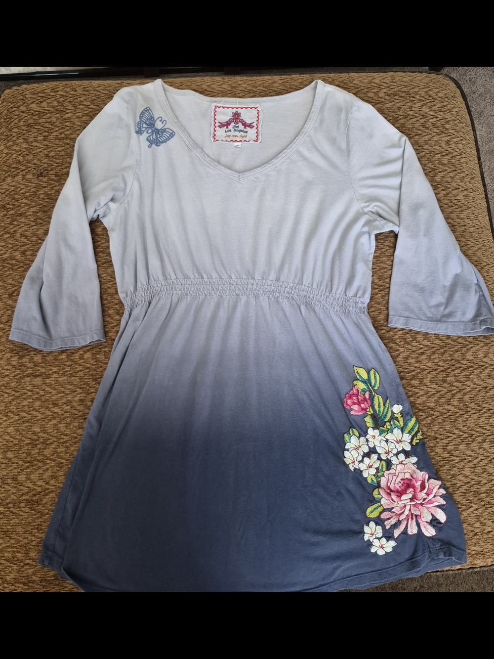 Johnny Was Blue Ombre Tunic with Pink Floral Appliqué